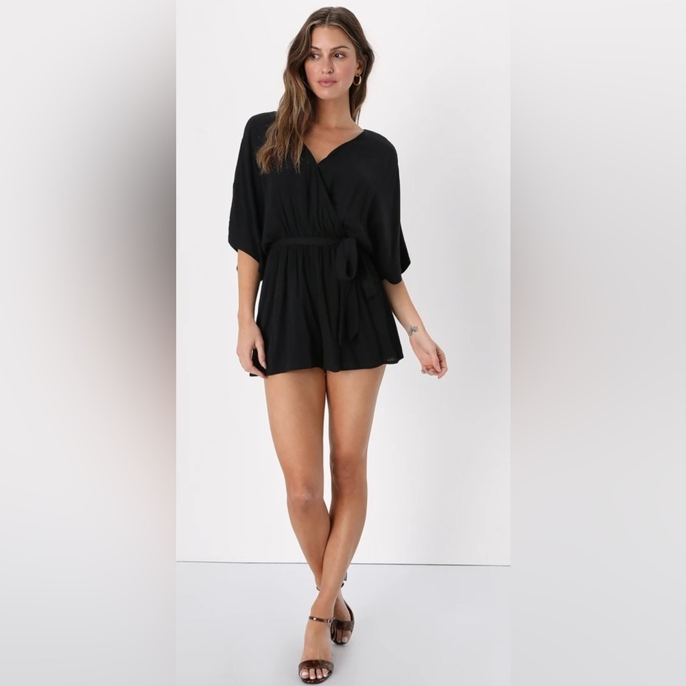 Lulus Black Surplice Dolman Sleeve Romper Medium Belted Elastic Waist